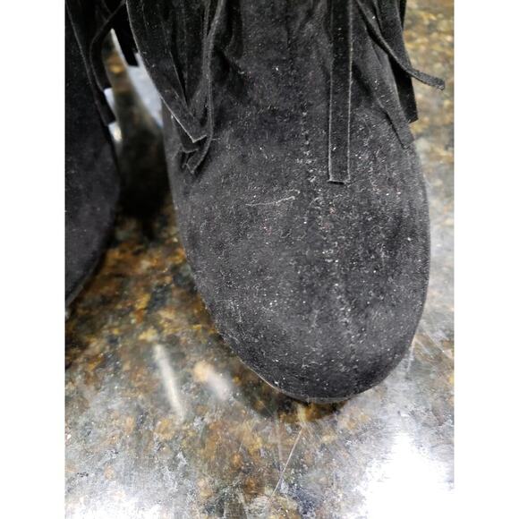 Forever Fringe Booties Women's 7.5 Black Suede Round Toe Stiletto Heel Side Zip - Picture 5 of 15